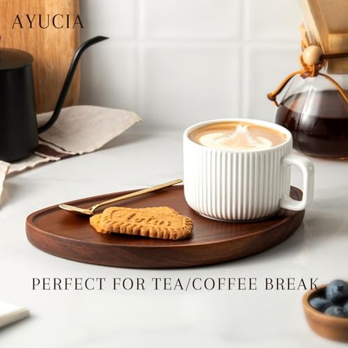 Pretty Ceramic Coffee Cup with Solid Wood Plate Set for Tea/Coffee Break, 8OZ White Cappuccino Cup with 9.4inch Acacia Serving Saucer and Spoon for Latte Dessert Breakfast - Image 3