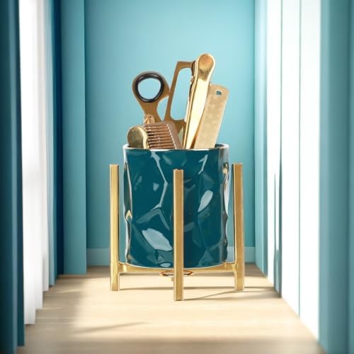 Gold pencil cup Sturdy metal frame with white ceramic pen holder For desks and kitchen appliance holders - Image 2
