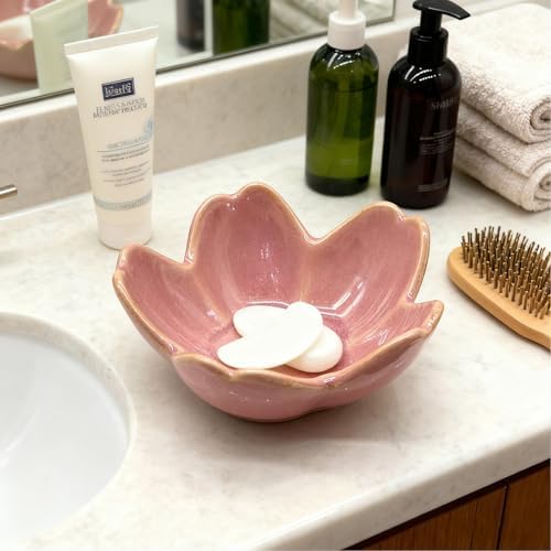 Pink Flower Ring Dish Jewlery Tray, Small Ceramic Jewelry Dish Tray Room Nightstand Decor Trinket Dish Bathroom Ring Holder Jewelry Plate Bowl Christmas Friendship Birthday Gifts for Women Mom - Image 3