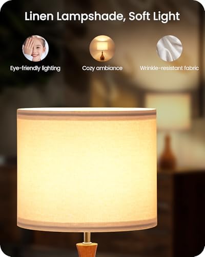 Small Table Lamp, Wood Bedside Lamp with White Linen Lampshade & Dark Wood Base, Mid Century Modern Nightstand Lamp for Bedroom, Living Room, Kid's Room, Dorm Room, E26 Socket, LW09TL05 - Image 4