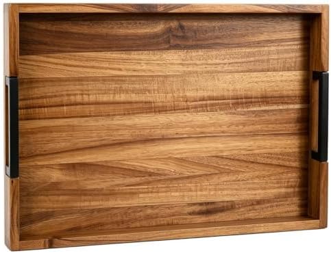 Large Ottoman Tray for Living Room and Coffee Table, Decorative Acacia Wood Serving Tray with Metal Handles for Breakfast in Bed, Dinner Food Kitchen TV (Natural, 20" x 14" x 2") by JoyGrace