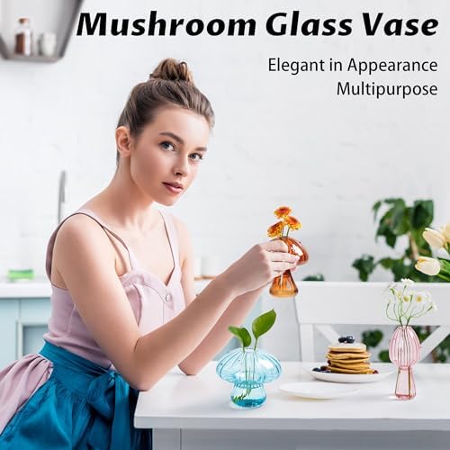 Plant Propagation Station, Set of 6 Colored Glass Mushroom Vase - Image 2