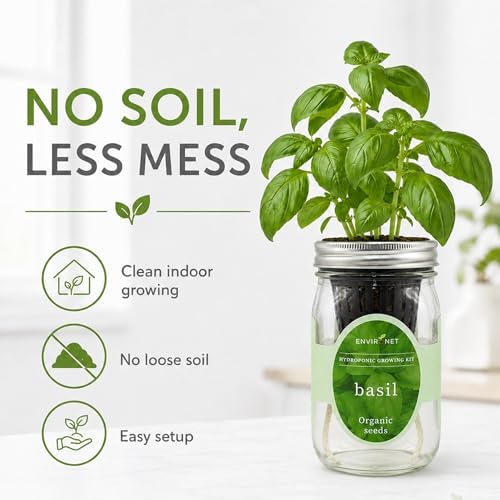 Hydroponic Growing Kit, Self-Watering Mason Jar Herb Garden Starter Kit Indoor, Windowsill Herb Garden, Grow Your Own Herbs from Organic Seeds (Basil) - Image 4