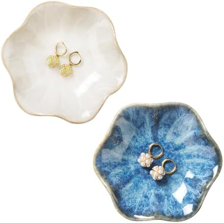 2PCS Lotus Leaf Shape Ring Holder Dish, Small Key Bowl, Ceramic Trinket Tray Jewelry Dish Organizing Necklace Earrings for Mom Friend Sister, All Jewelries Are NOT Included. White+Light Blue. by JAMEND+CLXP