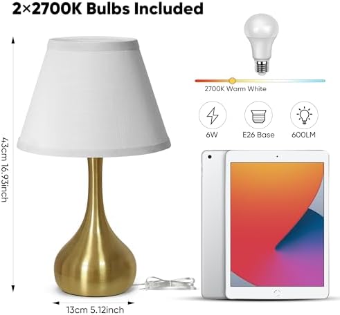 Touch Table Lamp for Bedroom Set of 2, 3-Way Dimmable Bedside Lamp for Nightstand, 17” Modern Metal Desk Lamp with Linen Shade for Living Room, Kids Reading, Dorm, Home Office Decor, Bulb Included - Image 6