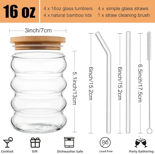 ALINK 16 oz Drinking Glasses with Lids and Straws Set of 4, 16 oz Wave Shape Bubble Glass Cups, Iced Coffee Glasses for Beer, Cocktail, Water Cups with Brush - Image 2