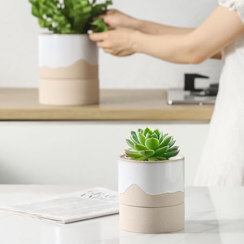 Nihow Self Watering Plant Pot: 4.5 Inch Ceramic Planter with Drainage Hole & Water Storage Plus for Indoor & Outdoor Plants - Cylinder Flower Pot for Herbs/Violets - White & Nature - Image 5