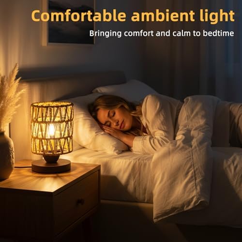 Rattan Small Bedside Table Lamp for Bedroom,Handmade Boho Desk Lamp for Small Spaces,Vintage Wicker Wooden Nightstand Farmhouse Bamboo Woven End Table Lamps for Living Room Kids Room,Bulb Included - Image 4