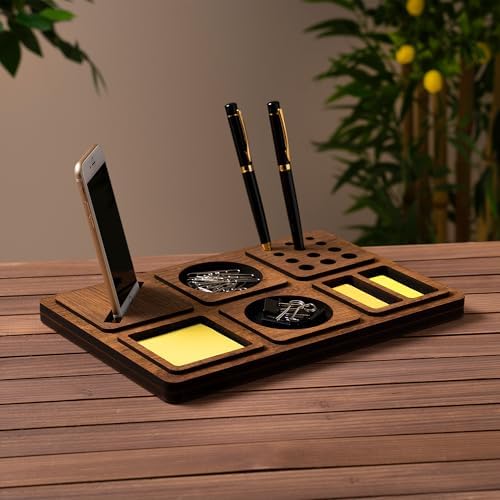 Vigo Wood 6-Compartment Desk Organizer, Vertical Phone Holder Stand, Pen Paperclip Note Storage for Home Office Accessories Large (Walnut) by VigoWood