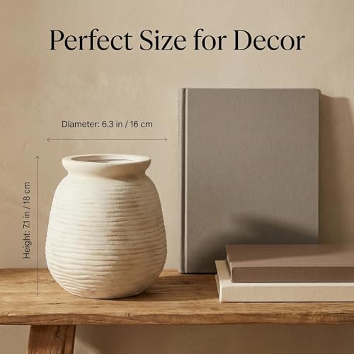 Rustic Terracotta Pot, 7 Inch Short Farmhouse Vase with Weathered Texture Off-White, Boho Home Decor for Pampas Grass, Tabletop, Mantel and Shelf Styling - Image 5