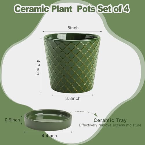 EFISPSS Ceramic Plant Pots, 5 Inch Planters with Drainage Holes and Ceramic Tray, Relief Design Flower Planter, Desktop Office Windowsill Decoration Gift Set of 4 - Blackish Green - Image 2