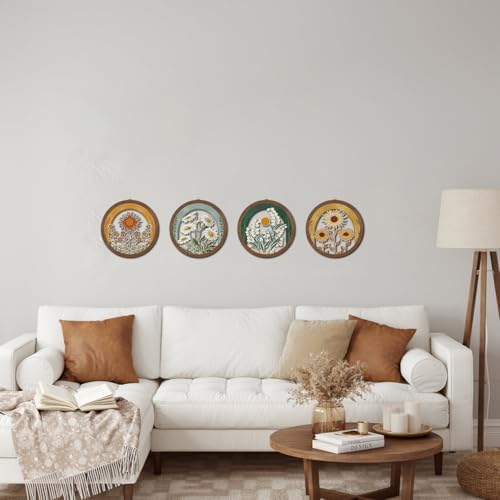 HPNIUB Vintage Flower Wall Decor, Farmhouse Sunflower Daisy Geometric Hanging Wooden Wall Art, 4 Pieces 10''x10'' Minimalist Boho Sun&Floral Wood Sign for Girls Bedroom Living Room Office - Image 7