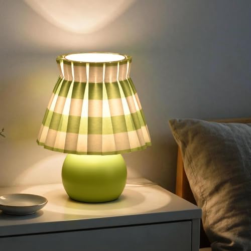 Ziqqeelam Green White Plaid Small Bedside Table Lamp, Round Green Base Nightstand Lamp, Cute Mini Table Lamp with Pleated Shade for Bedroom, Kitchen Counter, Bookshelf, Living Room, Kids Dorm - Image 7