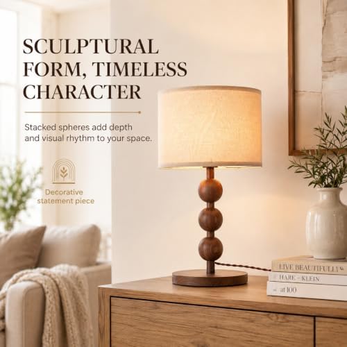 20" Vintage Farmhouse Stacked Ball Red Wood Pattern Table Lamp Desk Lamp - Image 2