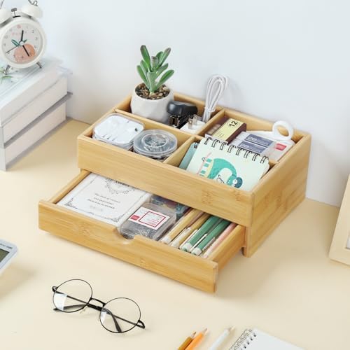 GOBAM Bamboo Makeup Organizers and Storage with Drawer - Wooden Cosmetic Organizer Countertop for Bathroom, Bedroom, Closet, Kitchen, Vanity & Dresser - Make up Vanity Station - Image 5