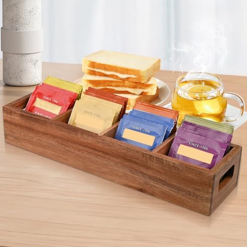 Acacia Wood Tea Bag Organizer with 4 Slots – Tea Bag Holder and Tea Organizer, Sugar Packet Storage for Countertops, Set of two - Image 2