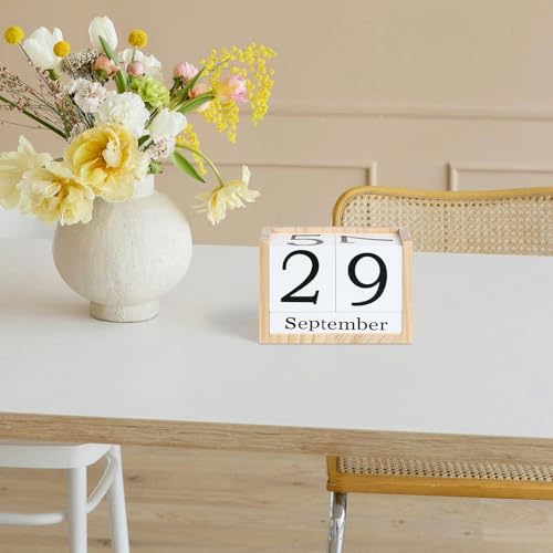 Wooden Block Calendar for Desk, Large Size Daily Desktop Perpetual Desk Calendar, Cute Date Display Desk Accessories for Home Office Decor, Teacher, Classroom, Reusable Yearly, Wood Grain - Image 2