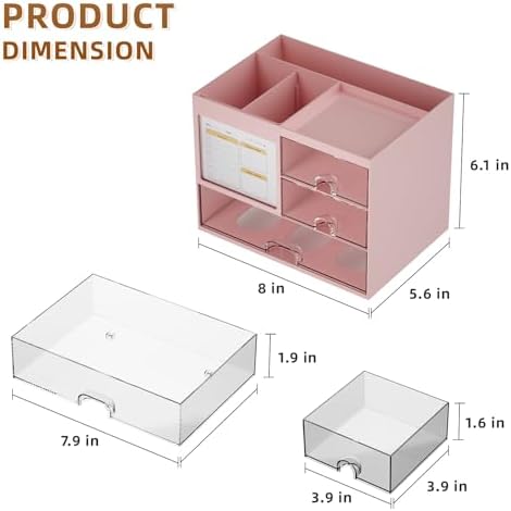 Marbrasse Desk Organizer with 3 Drawer, Multi-Functional Pencil Pen Holder for Desk, Desk Organizers and Accessories with 4 Compartments, Desktop Organizer Storage for Office Home Art Supplies (Pink) - Image 4