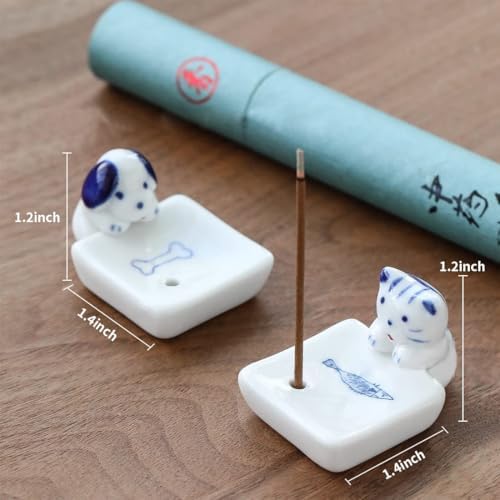 Set of 2, Japanese Mini Cute Kitty Cat with Dog Handmade White Ceramic Incense Stick Holder or Incense Burner Holder, Inscent Tray for Home Decor Yoga Spa Meditation, 1.42 inches - Image 4