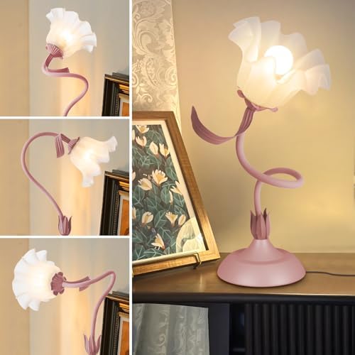 Women Bedside Table Lamps for Bedroom, Cute Flower Desk Lamp with Adjustable Flexible Gooseneck, 3 Color Temperatures Nightstand Lamp with E26 LED Bulbs, Floral Lamp for Living Room, Office,Reading - Image 3
