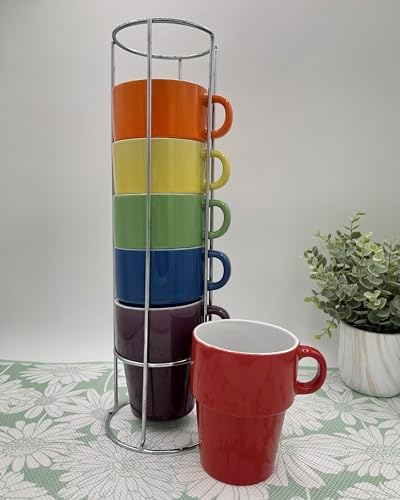 gypsy color 12 oz Cappuccino Stacking Mug Set with Metal Stand, Set of 6 - Image 5