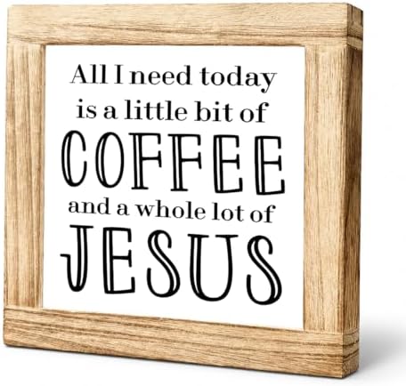 Christian Coffee Wooden Sign, All I Need Today Coffee And Jesus Plaque,Rustic Farmhouse Kitchen Counter Accent, Faith Coffees Bar Shelf Sitter For Prayer Room Home Office Cafe Corner, 5.9 x 5.9 in by Unknown