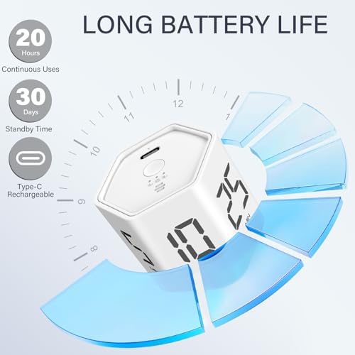 Rotating Productivity Timer 5, 25, 10 30,60 Mins Preset Stopwatch, Desk Flip ProductivityTimer, ADHD Tool Hexagon, Vibration/Mute/Alarm, for Work, Study, Back to School, Kitchen, 2 Pack White - Image 6
