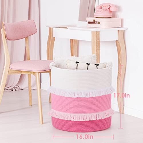 CherryNow 60L Woven Rope Baby Basket with Tassel, 17" x 16", Pink - Image 2