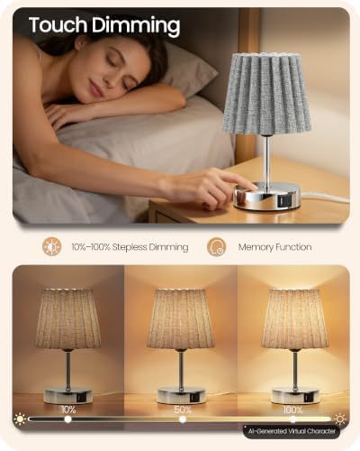 Small Bedside Table Lamp, Touch Dimmable Table Lamp with USB Ports, Nightstand Lamp with a Stepless Dimming LED Bulb, E26 Base, for Bedroom, Study, Desk, Glossy Gray and Gray PSH16TL05 - Image 2
