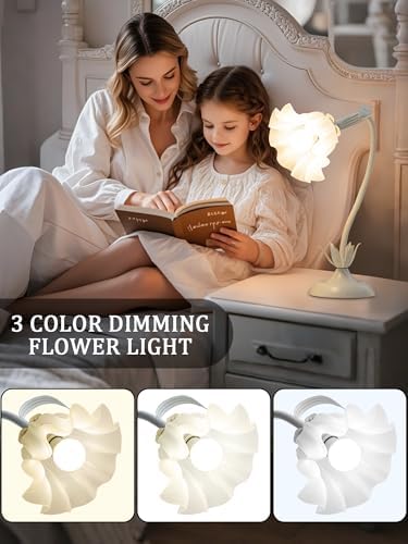 Flower Table Lamp,LED Reading Light Bedside Vintage Night Light(White) - Image 5