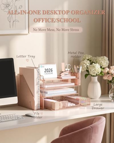 WALI Desk File Organizer, 4 Tier Desktop Paper Letter Tray Organizer with Drawer and 2 Pen Holders, Office Desk Accessories & Workspace Organizers for Office, Home, School Supplies, 1 Pack, Rose Gold - Image 2