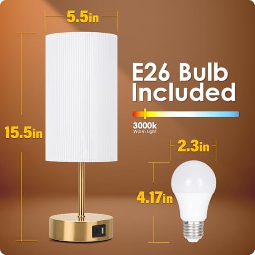 Bedside Lamp with USB port - Touch Control Table Lamp for Bedroom Wood 3 Way Dimmable Nightstand Lamp with Round Pleated Shade for Living Room, Dorm, Home Office (LED Bulb Included) (Pleated) - Image 5