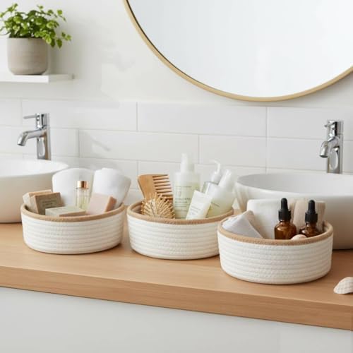 danpinera Set of 3 Small Woven Baskets, Mini Round Storage Baskets for Organizing, Decorative Boho Rope Baskets for Bathroom, Nursery, Desk, Tiny Bin for Makeup, Jewelry, Small Items, White & Jute - Image 3