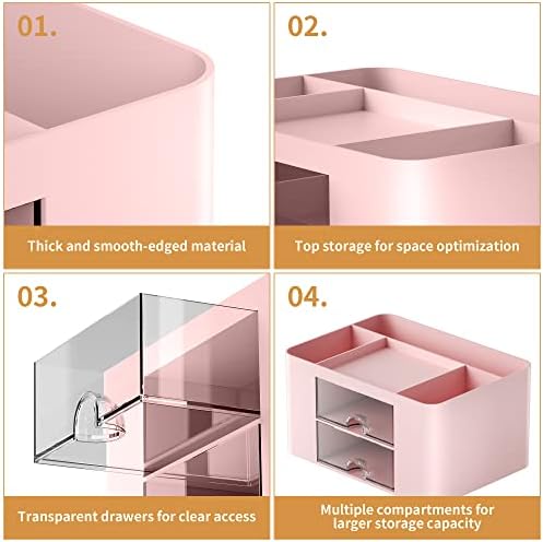 Marbrasse Pen Organizer with 2 Drawer, Multi-Functional Pencil Holder for Desk, Desk Organizers and Accessories with 5 Compartments + Drawer for Office Art Supplies (Pink) - Image 6