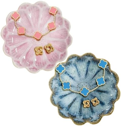 Lotus Ceramic Jewelry Tray, Small Trinket Jewelry Ring Holder Organizing Dish, for Parents Daughter Friends Sister, Birthday Gifts for Women, Retro Blue & Pink by Koyzsen