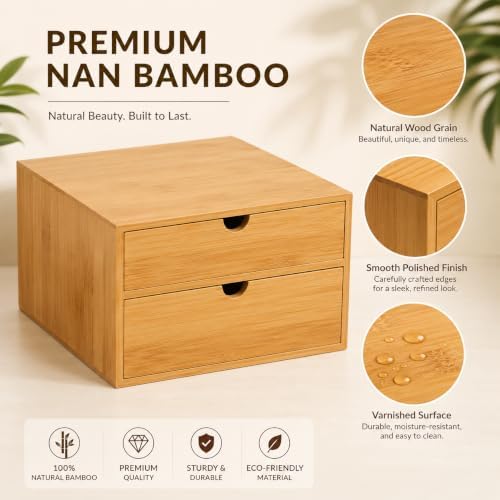 Bamboo Desk Organizer with 2 Drawers, Natural Wood Tabletop Storage Box | No-Assembly Countertop Drawer for Office Home Makeup Jewelry Stationery - Image 4