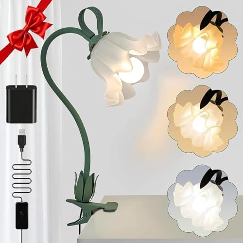 Clip On Flower Lamp for Bedroom, Aesthetic Bedside Reading Light with Flexible Gooseneck, 3 Color Modes Cute Desk Lamp Decor for Dorm Room, Headboard, Nightstand and Home Office by ONXEBornforqualityNeverWasteYourMoney
