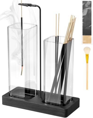 Incense Holder with Glass Jars, Large 2 in 1 Incense Holder for Sticks, Upside Down Incense Burner with Ash Catcher & Storage for Meditation Yoga Spa Home Decor - 20 Incense Sticks & Brush by Unknown