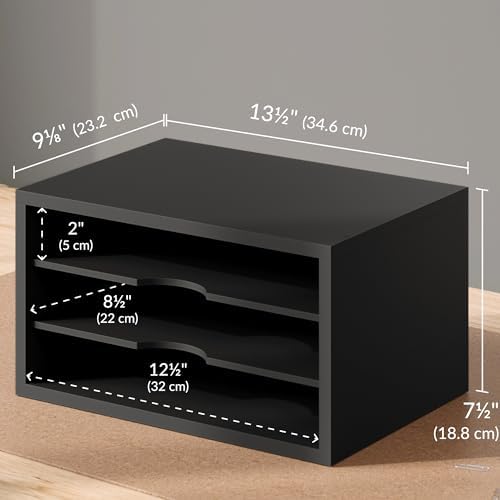 Ballucci File Organizer, 3-Tier Document Paper Sorter, Stackable Wood Desk Organizer, Mail Sorter and Monitor Stand with Storage Shelves, Black - Image 3