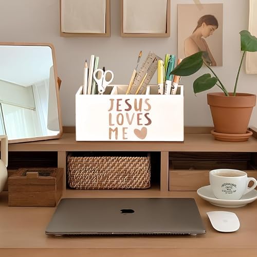 Boho Christian Inspirational Pen Holder, Christian Gifts Pencil Holder for Desk, Jesus Loves Me Bible Verse Wooden Box Sign Decorations for Kids Nursery Room Bedroom Classroom Desk Tabletop - Image 3