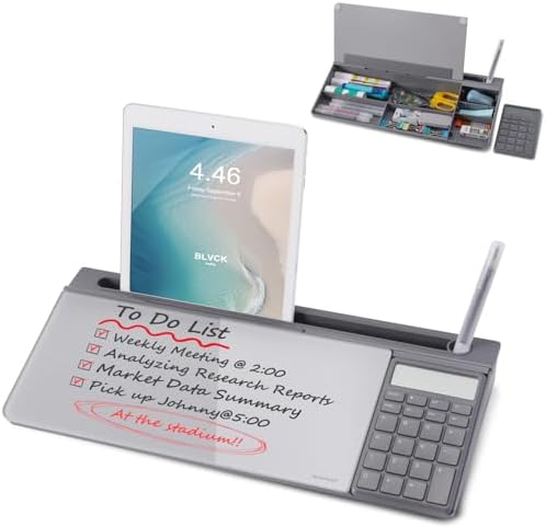 Small Glass Desktop Whiteboard Dry-Erase-Board - Computer Keyboard Stand with Calculator White Board Surface Pad with Drawer, Desk Organizers with Accessories for Office, Home, School Supplies - Grey by TSJOFFICE-WipeCleanThinkGreenWorkSmart