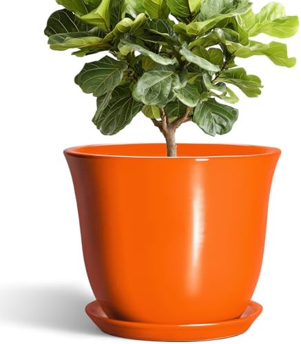 12 Inch Pots for Plants - Ceramic Planters Indoor with Drainage Hole and Saucer, Large Round Planter for Outdoor Plants, Decorative Flower Pot, Garden Decor, Plant Lover Gifts, Orange by SUNPOTFOR