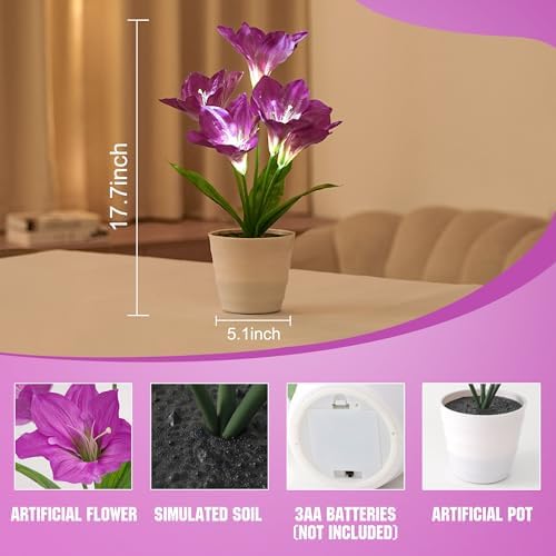 Artificial Purple Lily Flower Lamp - Flower Night Light, Christmas Birthday Gifts for Women Wife Girlfriend Mom Anniversary Bedroom Bar Coffee Shop Night Light Lamp Home Decor - Image 3