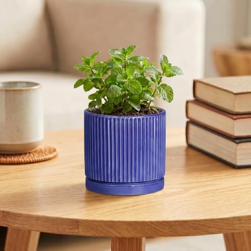 Ceramic Plant Pots 4 Inch, Round Planter with Saucer, Blue - Image 4