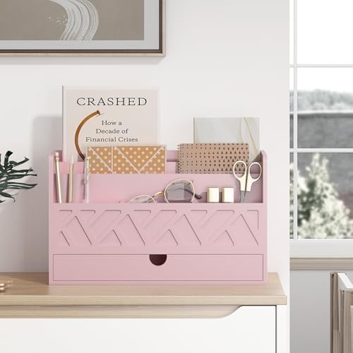 Wisuce Bamboo Mail Organizer with Drawer, Countertop Desk Organizer (Pink) - Image 2