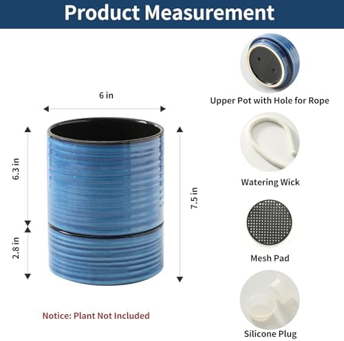 HASENSE Ceramic Self Watering Pots for Indoor Plant, 6 Inch Planter with Drainage Hole & Water Storage Saucer for Indoor & Outdoor Plants, Reactive Glaze Blue - Image 2
