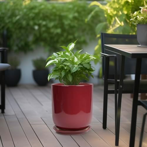 Ceramic Planter for Plants - 10 Inch Plant Pot Indoor with Drainage Hole and Saucer Modern Large Outdoor Planter Flower Pot for Home Decor Red - Image 2