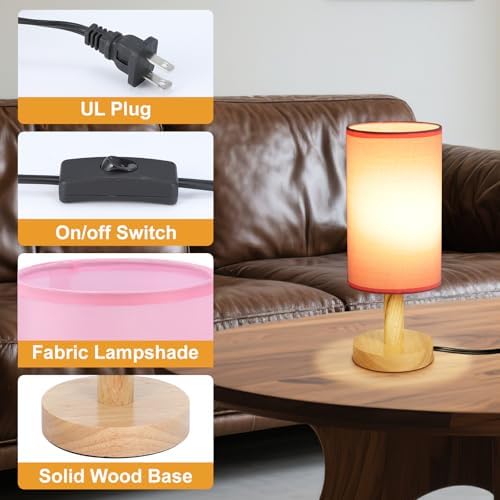 Pink Small Bedside Table Lamp for Bedroom,Natural Round Wood Base&Fabric Linen Shade,Cozy Night Table Light for Study Reading,Minimalist Boho Desk Lamp for Nightstand,Living Room,Nursery,Kitchen,Dorm - Image 5