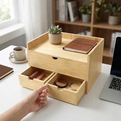 Bamboo Desk Organizer with 3 Drawers, Wood Storage Box for Office Supplies - Image 2