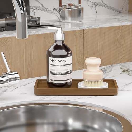 Weenson Small Bathroom Vanity Tray for Countertop Makeup Perfume Jewelry Decor Candle Keys, Bamboo Kitchen Tray for Soap Dispenser Spice, Small Toilet Tray for Sink 7.9" L x 4" W x 0.79" H Brown - Image 2